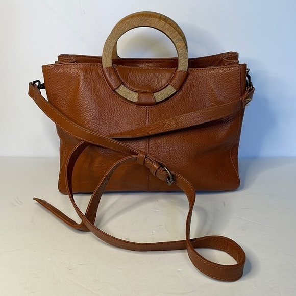 Rachel Roy Brown Whiskey Leather Bag With Wooden Handles and Crossbody Strap - Picture 1 of 15